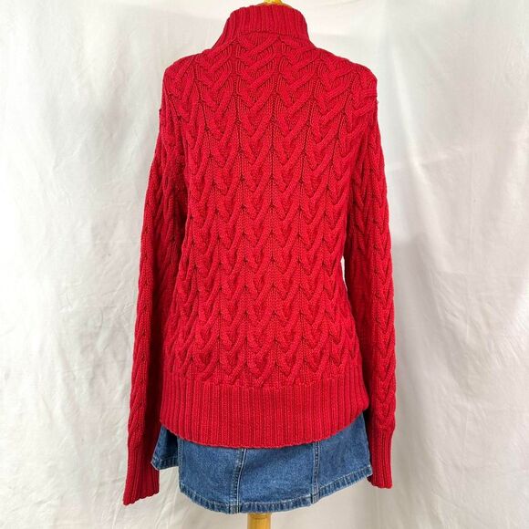 LANDS END Red Heavy Chunky Thick Cable Knit Full Zip Jacket Womens L Fisherman - Picture 5 of 5